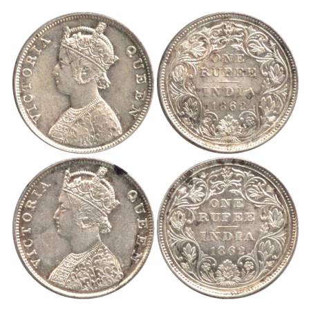 Victoria Queen, Silver Rupee (2), 1862, Bombay Mint, B/II/0/0 & Madras Mint, B/II/0/0. (Pr