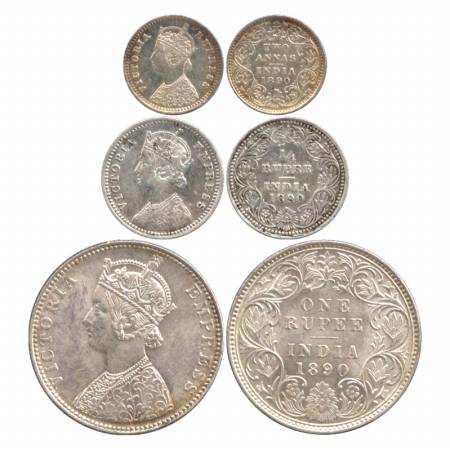 Victoria Empress, 1890, Silver (3), Two Annas, ¼ Rupee and Rupee, set of 3 coins. (3 Coins