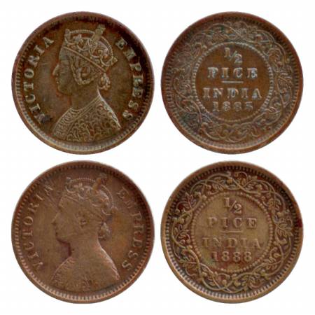 Victoria Empress, Copper 1/2 Pice (2), 1885 & 1888, Calcutta Mint. (Pr. 717, 720) ( 2 Coin
