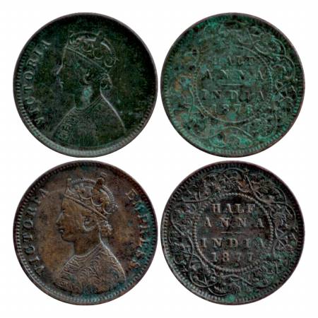 Victoria Empress, Copper ½ Anna (2), 1876 and 1877, Calcutta Mint. (2 Coins) Very Fine +, 