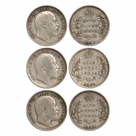 Edward VII, Silver ½ Rupee (3), 1906, 1908 and 1909, Calcutta Mint. (Pr. 310, 312 and 313)