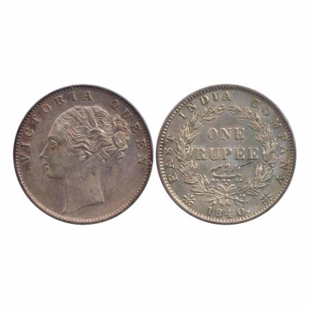 Victoria Queen, Continuous Legend, Silver Rupee, 1840, Calcutta Mint, Indian head. Rev: 35