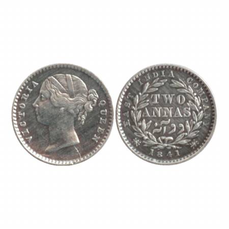 Victoria Queen, Divided Legend, Silver Two Annas, 1841, Calcutta Mint. W. W. raised, 9 ber