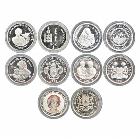 Princess Diana, 5 different, Silver Crowns, Mongolia 500 Tugrik 1999, Liberia 20 Dollars 1