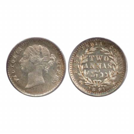 Victoria Queen, Divided Legend, Silver Two Annas, 1841, Bombay Mint, W. W. raised, 9 Berri