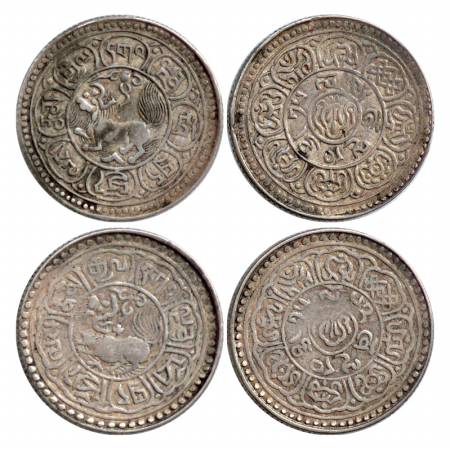 Tibet, Silver 5 SHO (2), Dode Mint, Lion looking upwards, (Y 18) and Mekyi Mint, Lion back