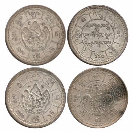 Tibet, Silver 10 Srang (2), Moon and Sun type. (2 Coins) Very Fine.