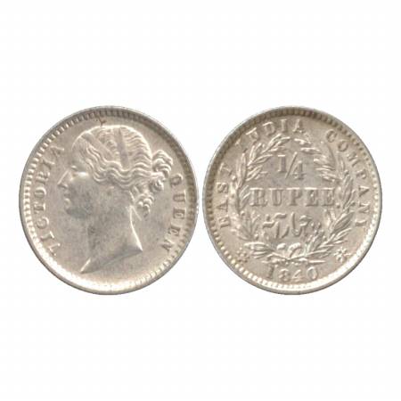 Victoria Queen, Divided Legend, Silver ¼ Rupee, 1840, Calcutta Mint, W. W. raised/Numeral 