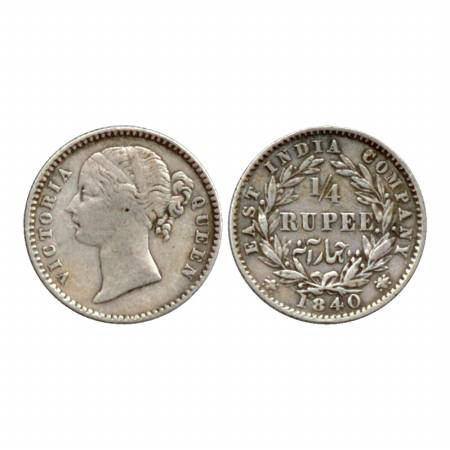 Victoria Queen, Divided Legend, Silver ¼ Rupee, 1840, Calcutta Mint, W. W. raised/Numeral 