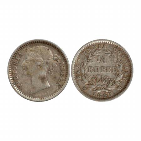 Victoria Queen, Divided Legend, Silver ¼ Rupee, 1840, Madras Mint, W. W. S. raised, 10 ber