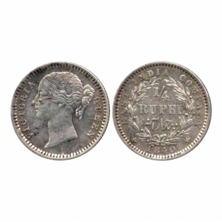 Victoria Queen, Divided Legend, Silver ¼ Rupee, 1840, Madras Mint, W. W. B. raised, 10 ber