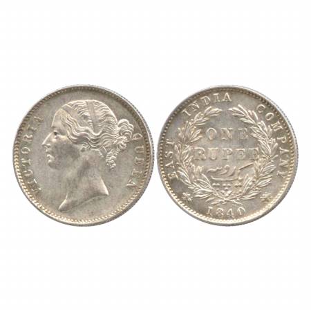 Victoria Queen, Divided Legend, Silver Rupee, 1840, Calcutta Mint, W. W. raised, 28 berrie