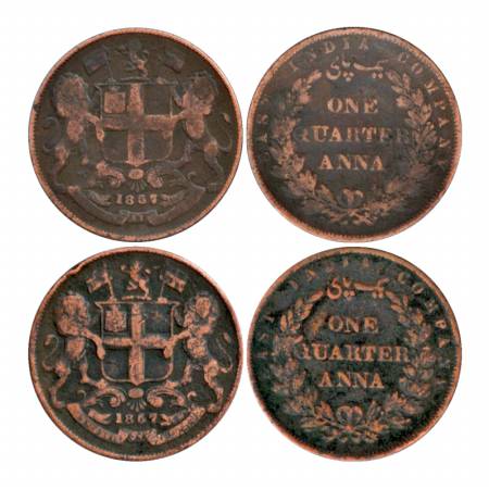 East India Co., Uniform Coinage, Copper ¼ Anna (2), 1857, different type, single and doubl