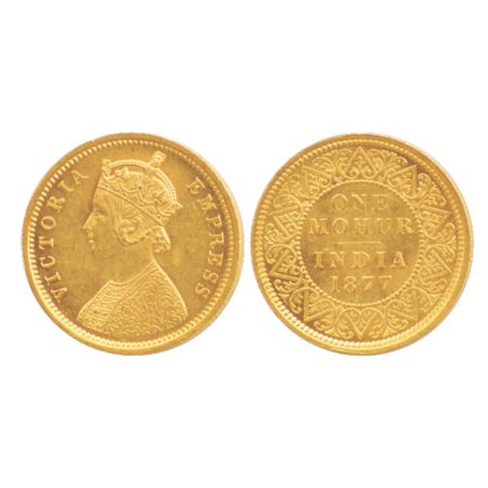 Victoria Empress, Gold Mohur, 1877, Calcutta Mint, two flower type and 'V' in relief, slig