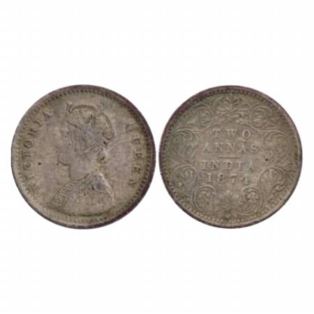 Victoria Queen, Silver Two Annas, 1874, Bombay Mint, A/I/No M. M. (Pr. 516) About Very Fin