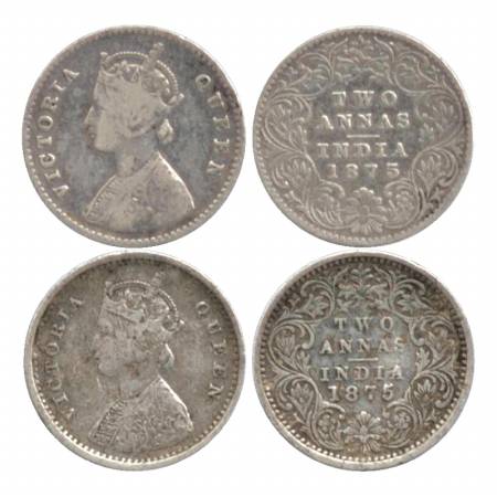 Victoria Queen, Silver Two Annas (2), 1875, Calcutta Mint, A/I/No M. M. and Bombay Mint, A