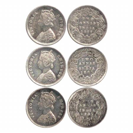 Victoria Empress, Silver Two Annas (3), Bombay Mint, 1877, A/I/dot, 1885. A/I/'B' raised a