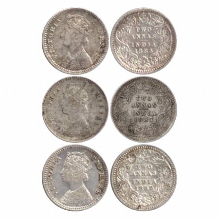 Victoria Empress, Silver Two Annas (3), Calcutta Mint, 1883, B/II/'C' incused, 1887, B/II/