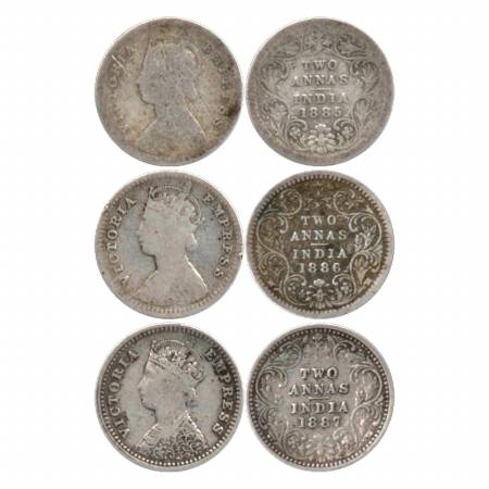 Victoria Empress, Silver Two Annas (3), 1885, Calcutta Mint, B/II/'C' incused. 1886, Calcu