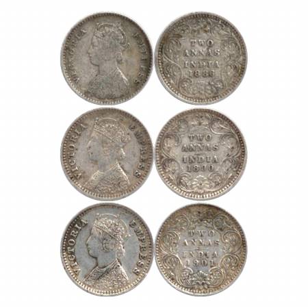 Victoria Empress, Silver Two Annas (3), Bombay Mint, 1886, B/II/'B' incused. 1890, B/II/'B