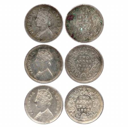 Victoria Empress, Silver Two Annas (3), Calcutta Mint, 1889, B/II/'C' incused, 1892, B/II/