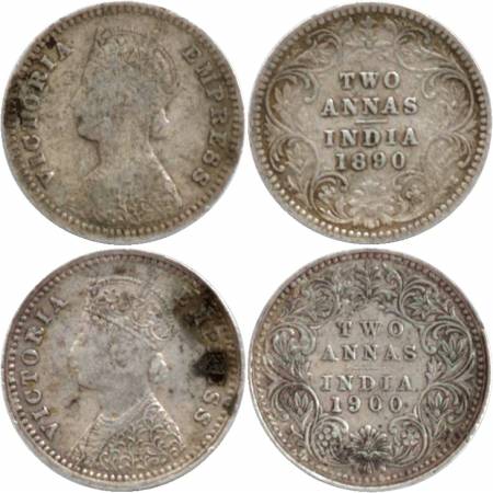 Victoria Empress, Silver Two Annas (2), Bombay Mint, 1890, B/II/B raised. 1900, B/I/'B' ra