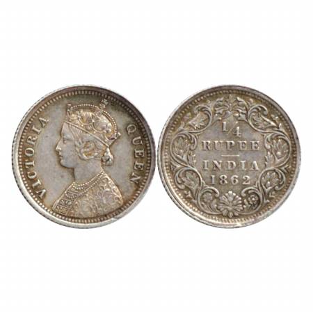 Victoria Queen, Silver ¼ Rupee, 1862, Madras Mint, A/I/No M. M. Error variety numeral 'I' 