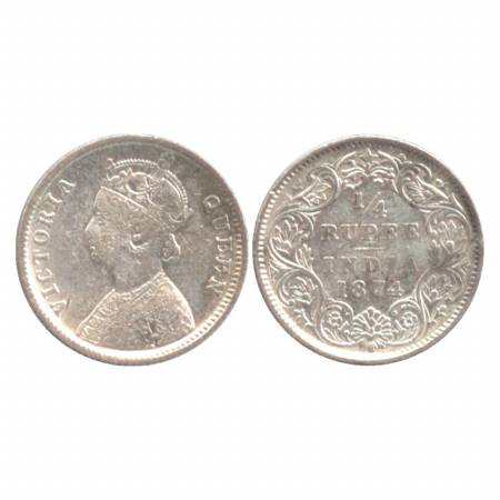Victoria Queen, Silver ¼ Rupee, 1874, Calcutta Mint, A/I/No M. M. (Pr. 379) About Very Fin