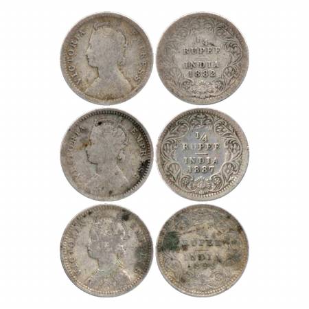 Victoria Empress, Silver ¼ Rupee (3), Calcutta Mint, 1882, C/II/'C' incused. 1887, C/II/'C