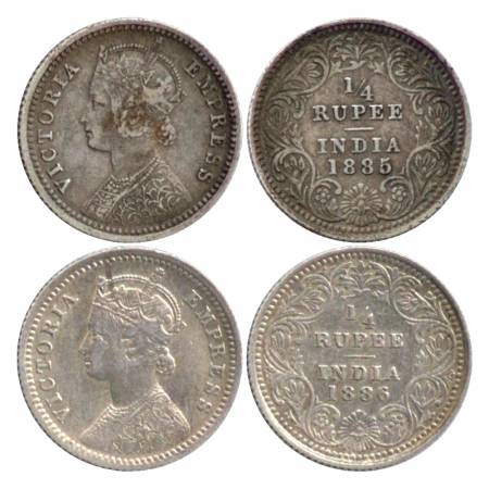 Victoria Empress, Silver ¼ Rupee (2), 1885, Calcutta Mint, C/II/'C' incused & 1886, C/II/'