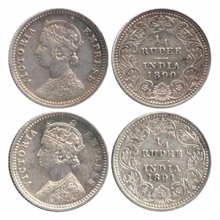 Victoria Empress, Silver ¼ Rupee (2), Calcutta Mint, 1890, C/II/'C' incused & 1891, C/II/'