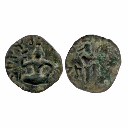 Kushans, Kujula Kadphises, c. 30-80 AD, copper coin of 'seated king / Zeus' type, 1.73g, (