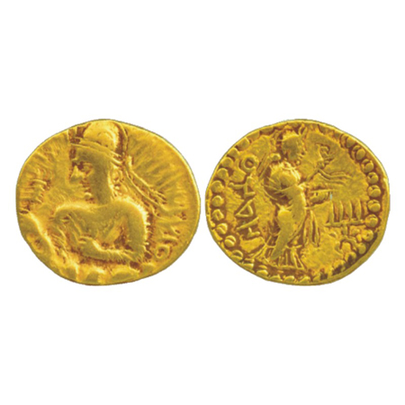 Kushans Huvishka (c. 152-190 AD), Gold Dinar, Goebl 325, 7.83g. Obv: bust of king, Bactria