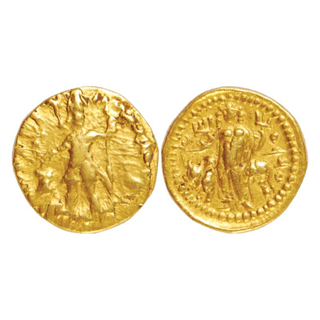 Kushan Empire, Vasudeva I (190-225 AD), Gold quarter Dinar, Goebl 510, 1.99g. Obv: King st