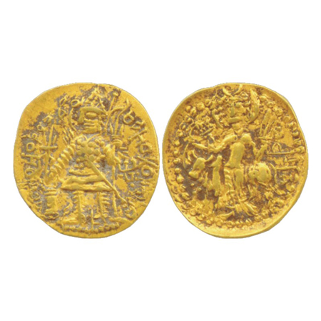 Kushan Empire, temp. Kanishka III and Vasudeva II (250-300 AD), Gold Dinar copying the des