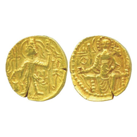 Late Kushans, 'Shaka' (300-350 AD), base Gold Dinar, Goebl 585, 7.80g. Obv: King, nimbate 