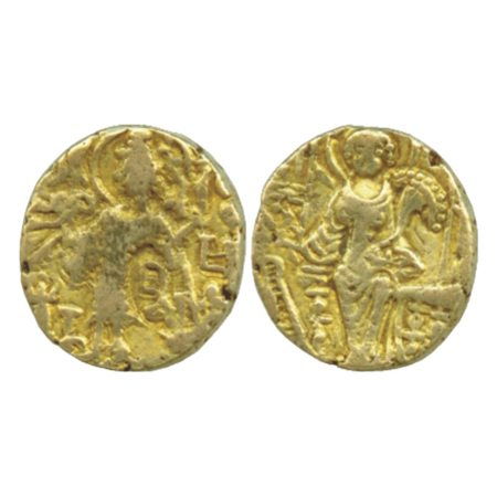 Late Kushans, 'Kipunada' (300-350 AD), base Gold Dinar, Goebl 596, 7.30g. Obv: King, nimba