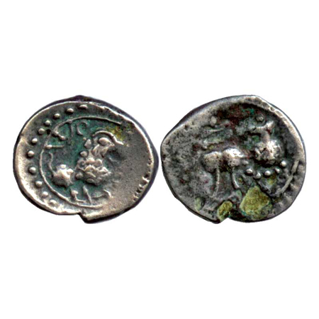 Vishnukundins – uninscribed potin 'lion' type coin (c. 500-550 AD), 2.52g. Obv: lion facin