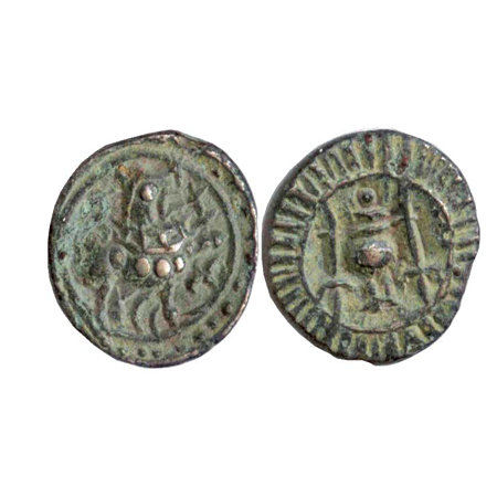 Vishnukundins, uninscribed white potin 'lion' type coin, c. 500-550AD, 7.91g. Obv: lion wi