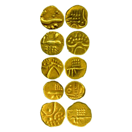 Coorg, Veera Raya, Gold Fanam (5), various symbols. (5 Coins) Very Fine.