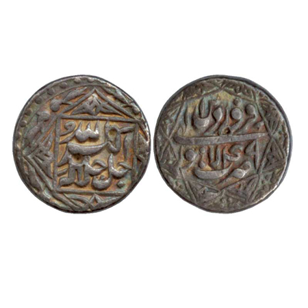 Akbar, Silver Rupee, Lahore Mint, Farwardin 49. legends within four-pointed star on obvers