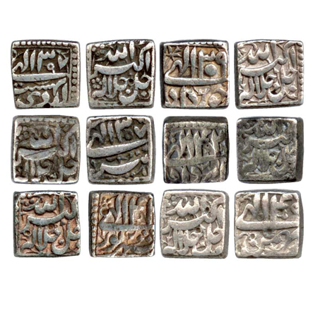 Akbar, Silver Square Rupee (6), mint-less type, Ardibihisht 37, Khurdad 39, Tir 37, Amarda