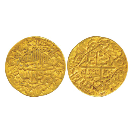 Shah Jahan, Gold Mohur, Akbarabad Mint, AH 1047 / RY 10, 10.47g. Obv: Kalima within quarte