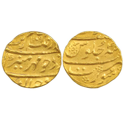 Aurangzeb, Gold Mohur, 11.07g, Surat Mint, AH 1109 / RY 4x (KM 315.45), test mark on edge.