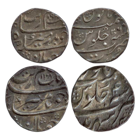 Aurangzeb, Silver (2) ½ Rupee, Surat Mint, AH 1093 / RY 26 (KM 294.6) and Rupee, Sahrind M