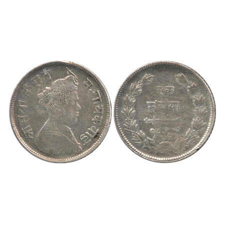 Baroda, Sayaji Rao III, Silver Rupee, Portrait bust of Sayaji Rao III, VS 1949, (KM 36). F