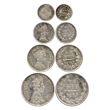 Baroda, Sayaji Rao III, Silver 1/8 Rupee VS 1952, ¼ Rupee VS 1951, ½ Rupee VS1951 and Rupe