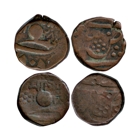 Baroda, Malhar Rao, Copper 2 Paisa (2), AH 128x, Obv: Nagri ‘Maa Gaa’ and Scimitar, (Y 17)