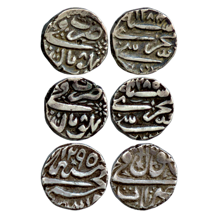 Bhopal, Silver Rupee (3), Sikandar Begam (2), AH 1284 / RY 8, AH 1285 / RY 8 (Y10) and Sha