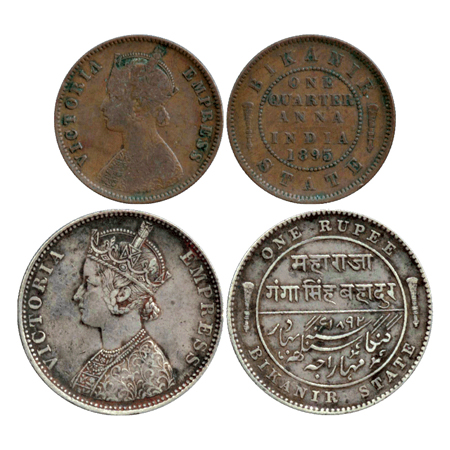 Bikanir (2), Copper ¼ Anna AD 1895 and Silver Rupee, AD 1892, Obv: Portrait of Victoria Em